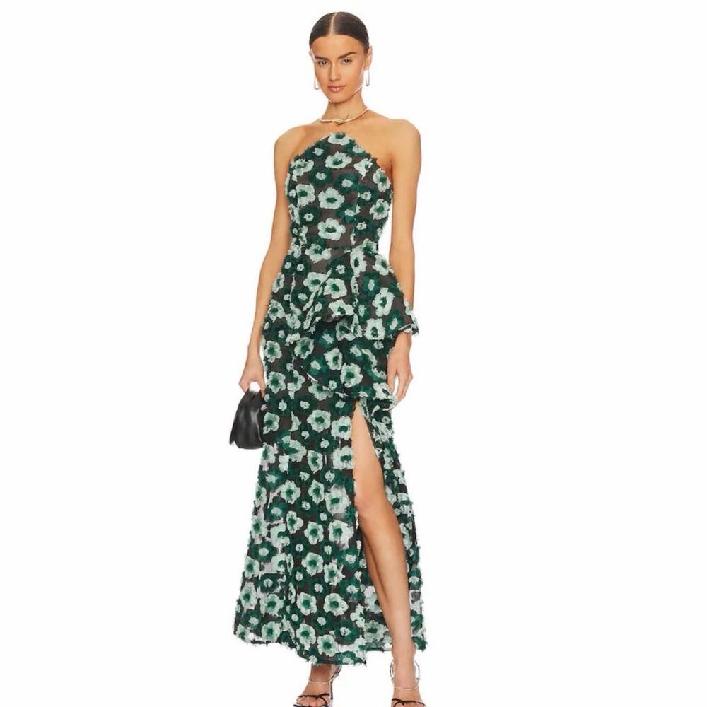 Elliatt Georgina Green Floral Halter Midi Dress with White Accents